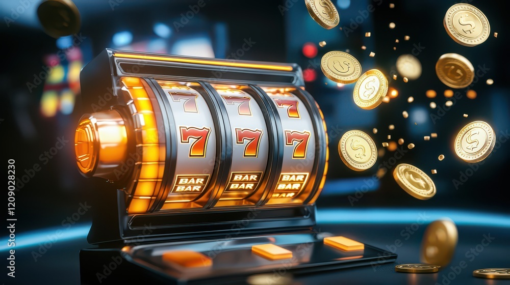 A digital slot machine screen showing a jackpot win with flashing lights and coins falling.