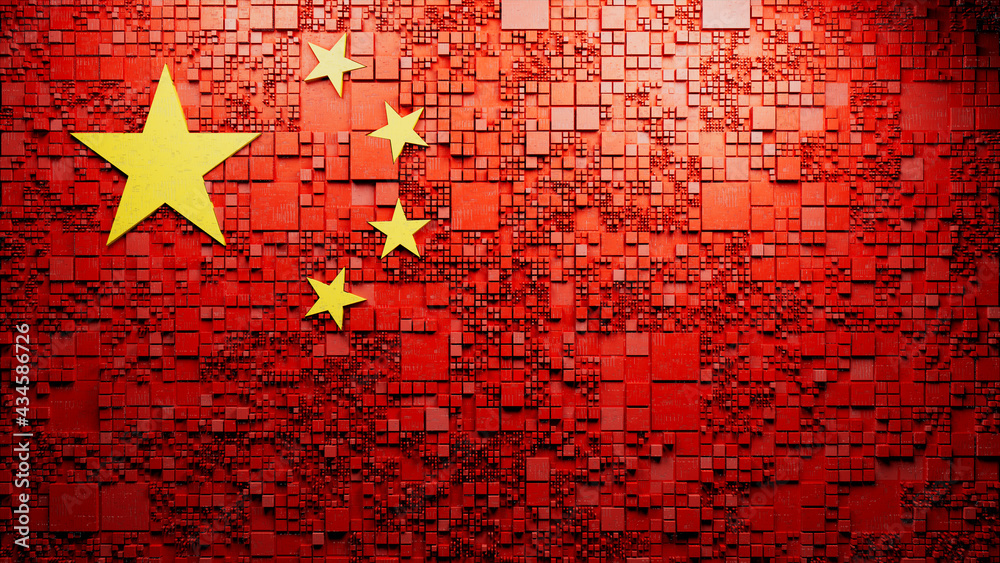 Flag of China rendered in a Futuristic 3D style. Chinese Innovation Concept. Tech Background.