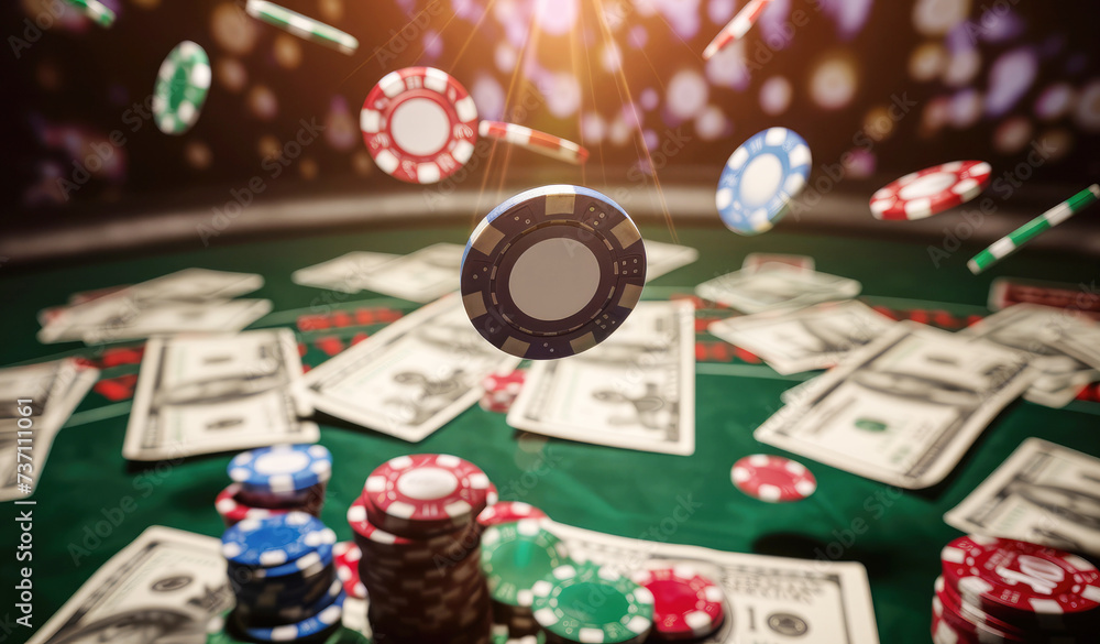 gambling chips in the casino fly and fall on the table with money in the rays of light