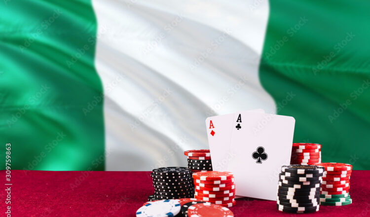 Nigeria casino theme. Aces in poker game, cards and chips on red table with national flag background. Gambling and betting.