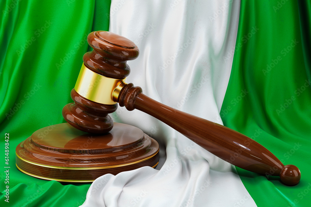 Nigerian law and justice concept. Wooden gavel on flag of Nigeria, 3D rendering
