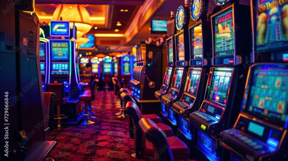 Rows of Casino Slot Machines with Shallow Depth of Field. Las Vegas Gambling Theme