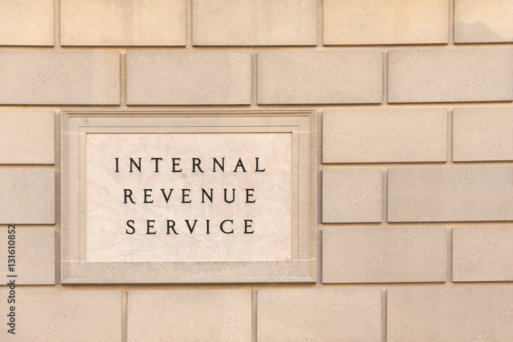 Sign on IRS headquarter building in downtown Washington, DC