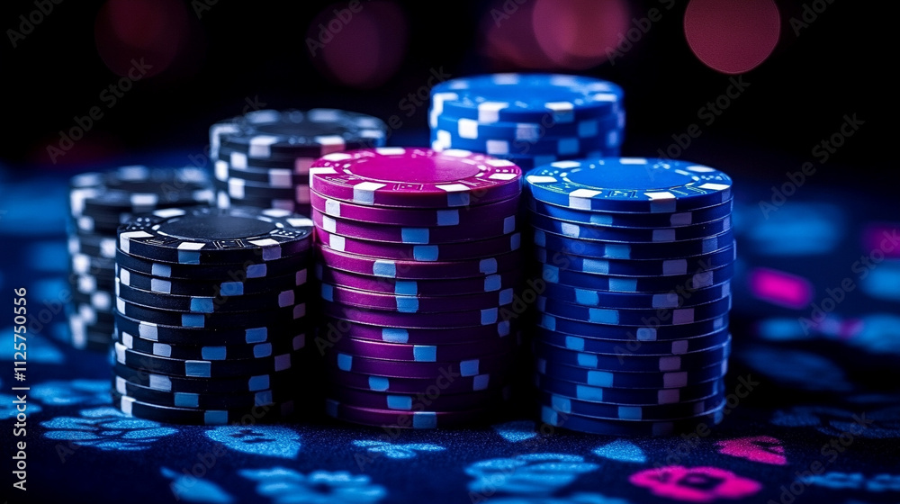 stacked poker chips in various colors, symbolizing risk, strategy, and chance. The blurred casino background evokes the allure and excitement of gambling and high-stakes play